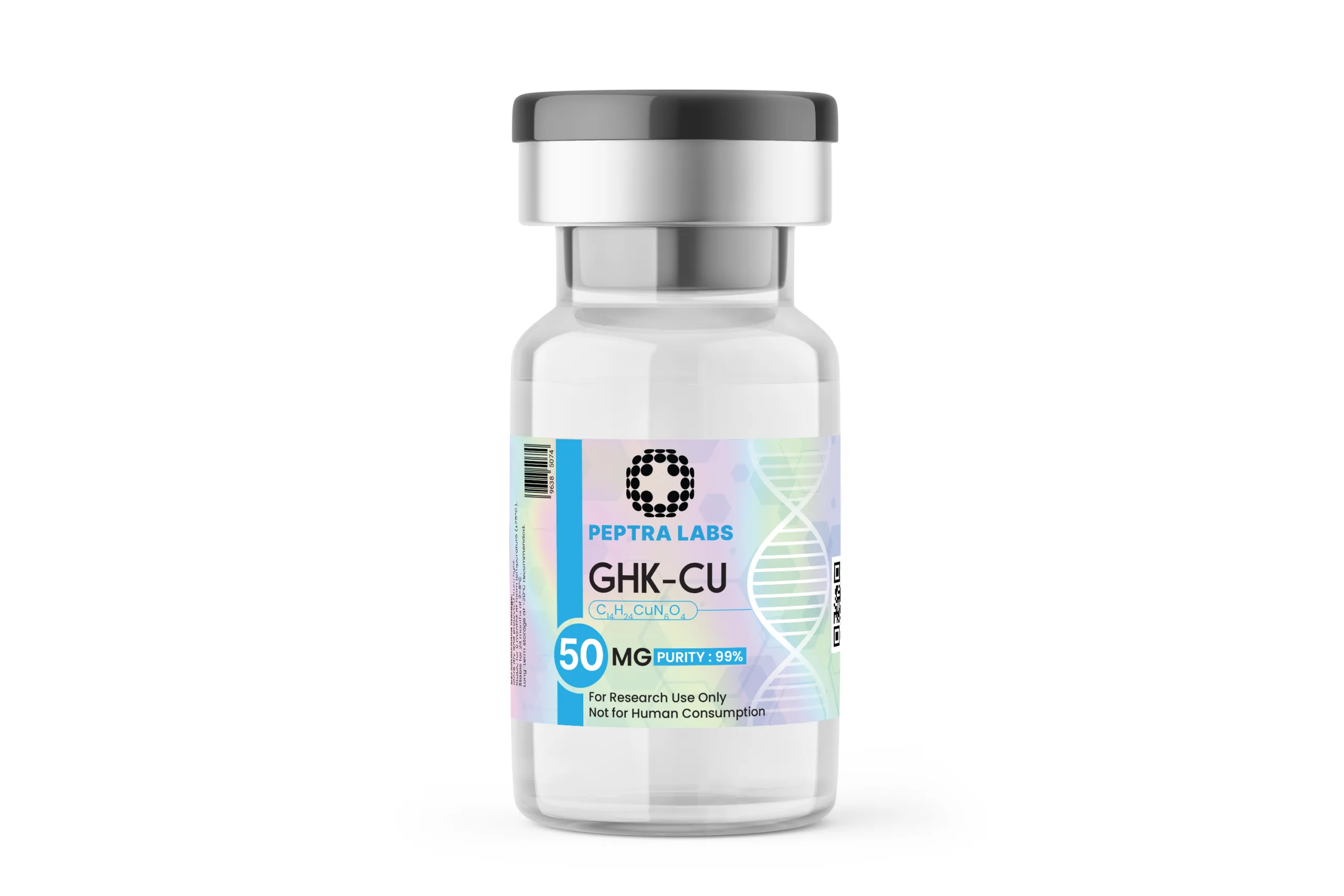 GHK-Cu 50 mg – flacon de peptidă pentru cercetare, Peptra Labs GHK-Cu 50 mg – flacon de peptidă pentru cercetare, puritate 99% pe etichetă, Peptra Labs