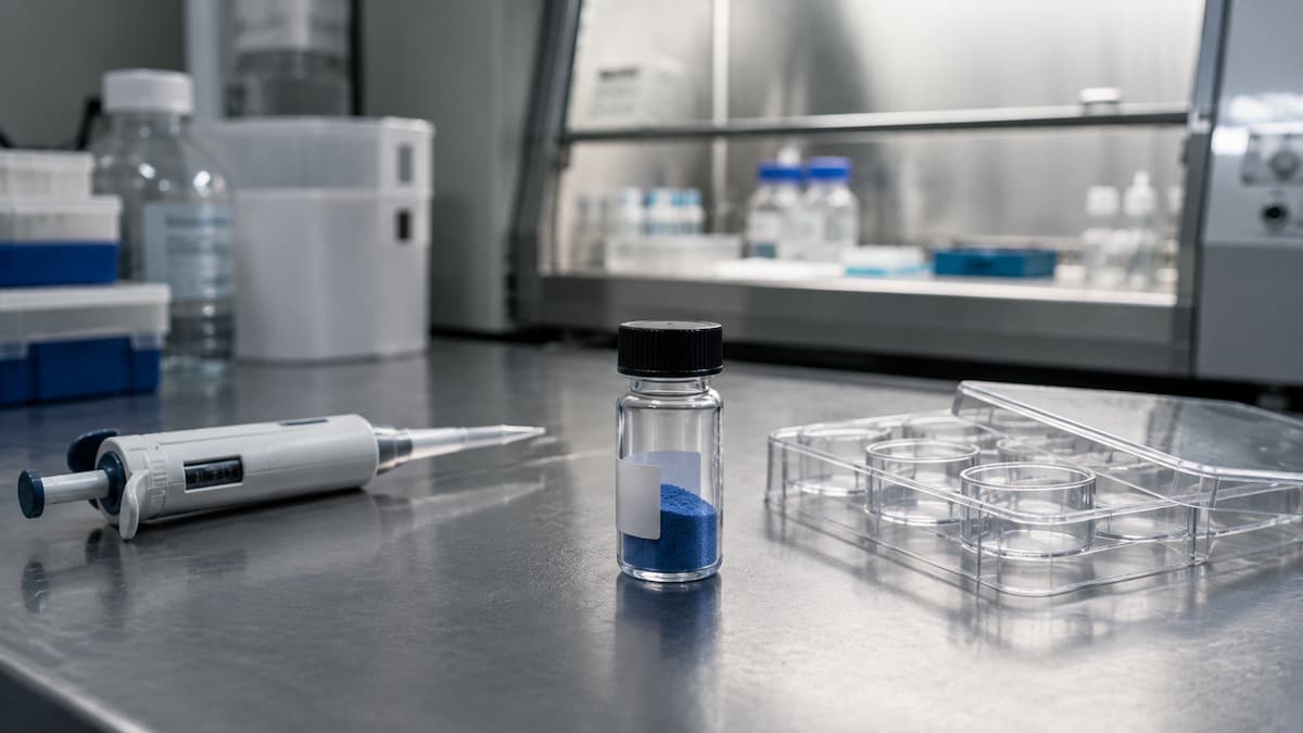 Un flacon mic etichetat, cu pulbere albastră, pe o masă de laborator, lângă o pipetă și o placă de cultură celulară, într-un context de cercetare GHK-Cu pe piele.