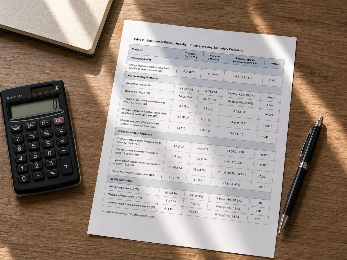 Un tabel tipărit cu rezultate de studiu clinic și un calculator pe un birou, lângă un pix, într-un context care ilustrează analiza post hoc SURMOUNT.