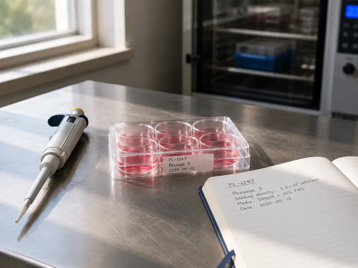 Placă de cultură celulară etichetată pe o masă de laborator, într-un experiment cu peptida KPV pe diferențierea adipocitelor.