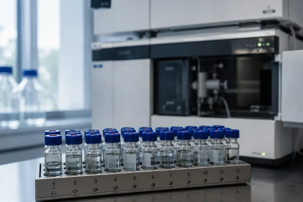 Flacon de probă într-o tavă de autosampler, în timpul analizei LC-HRMS a unor agoniști GLP-1.
