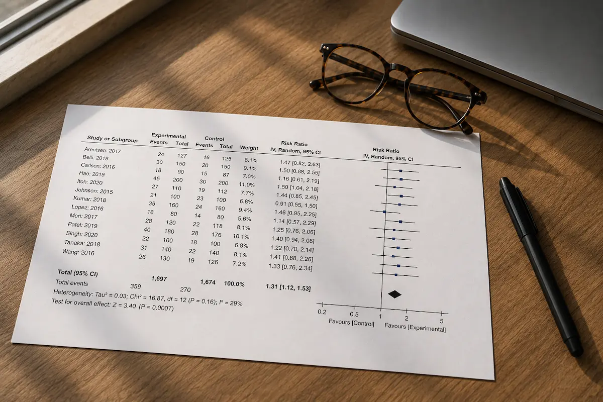Forest plot tipărit dintr-o meta-analiză pe tirzepatide, pe un birou, lângă ochelari de citit.