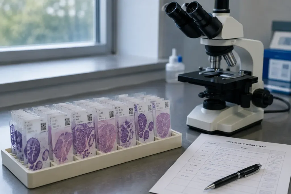 Lame de histologie hepatică colorate, într-o tavă lângă un microscop, ca în trialul cu semaglutide pe MASH.