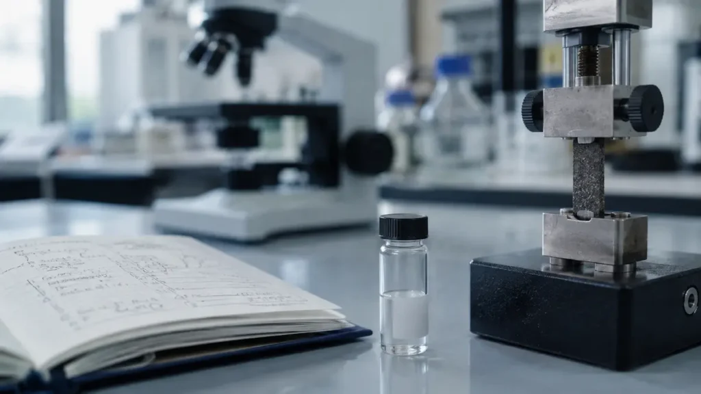 Un flacon de sticlă etichetat pe o masă de laborator, lângă un caiet deschis și o clemă de testare mecanică, într-un context de cercetare privind BPC-157 și TB-500 pe tendon.