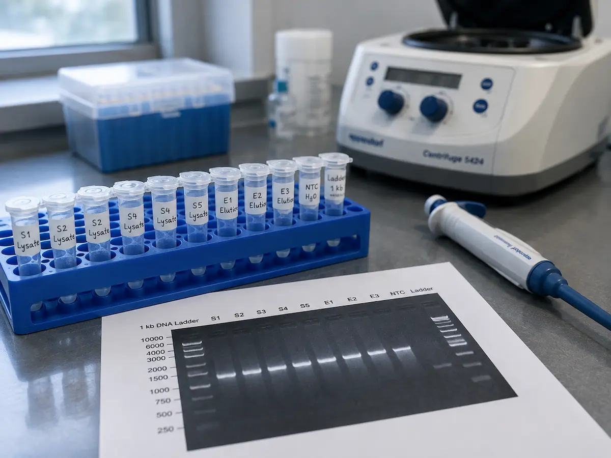 Suport cu eprubete etichetate pe o masă de laborator, într-un experiment cu thymosin beta-4 pe model de colită.