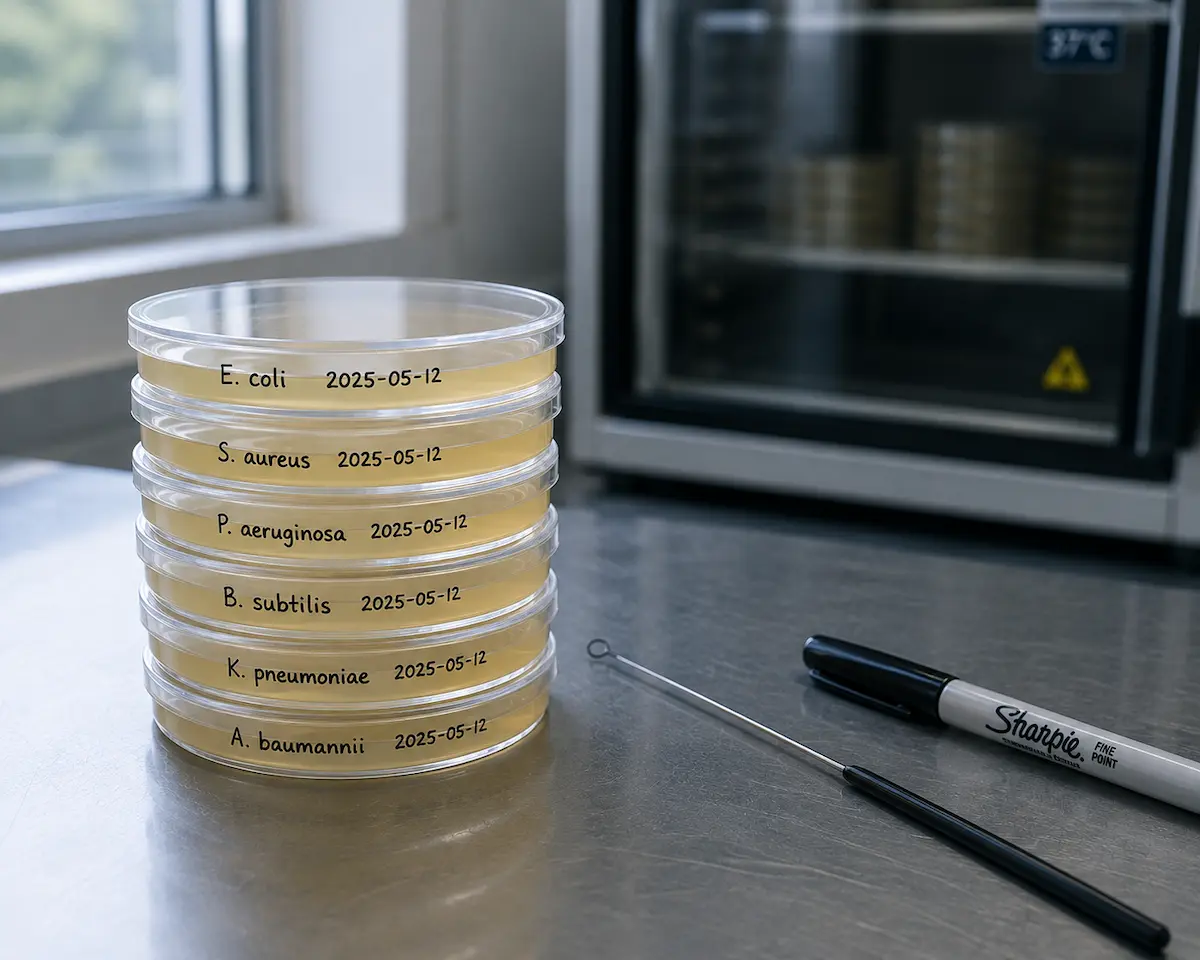 Plăci de cultură bacteriană pe o masă de laborator, de tipul folosit în experimentele antibacteriene cu MOTS-c.