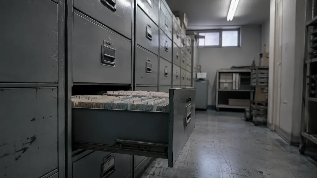 Sertar întredeschis într-o arhivă clinică, de tipul celei din spatele unui studiu de cohortă retrospectiv pe semaglutide.