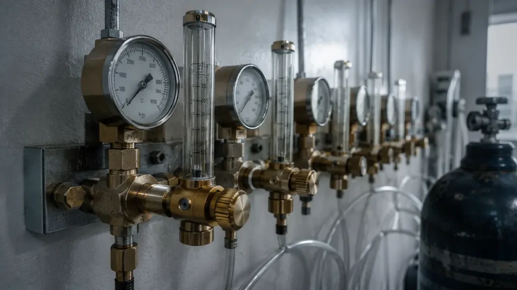 Distribuitor de gaz cu debitmetre pe peretele unui laborator, de tipul celui care alimentează calorimetria indirectă.