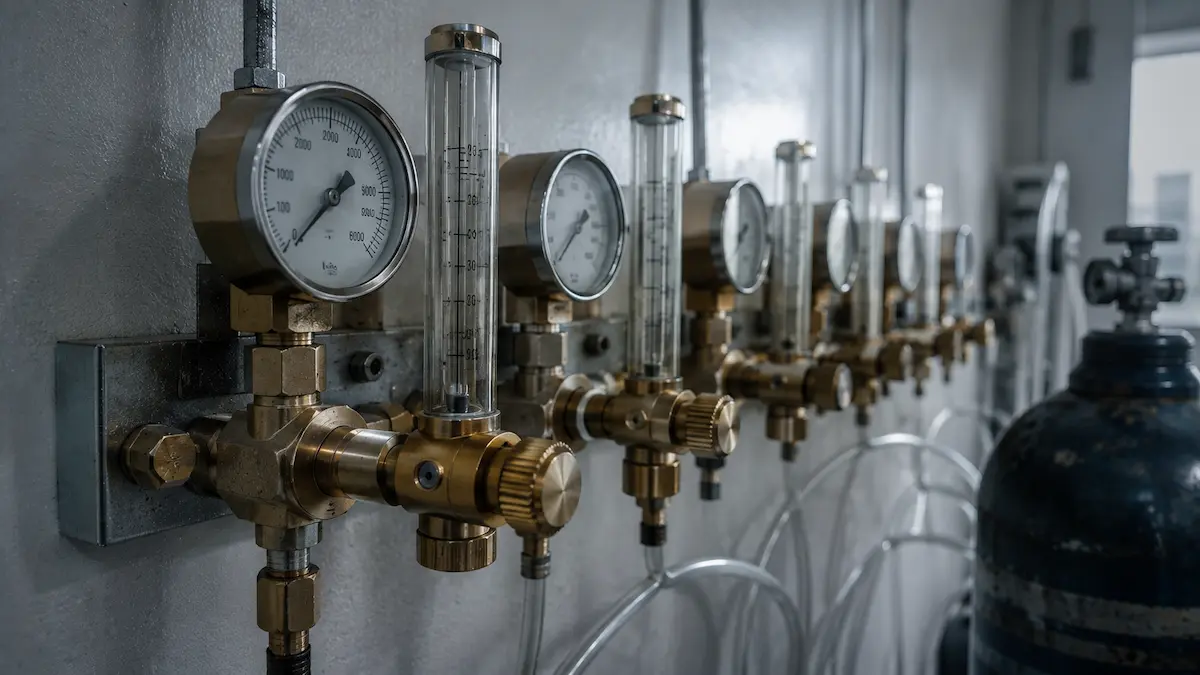 Distribuitor de gaz cu debitmetre pe peretele unui laborator, de tipul celui care alimentează calorimetria indirectă.