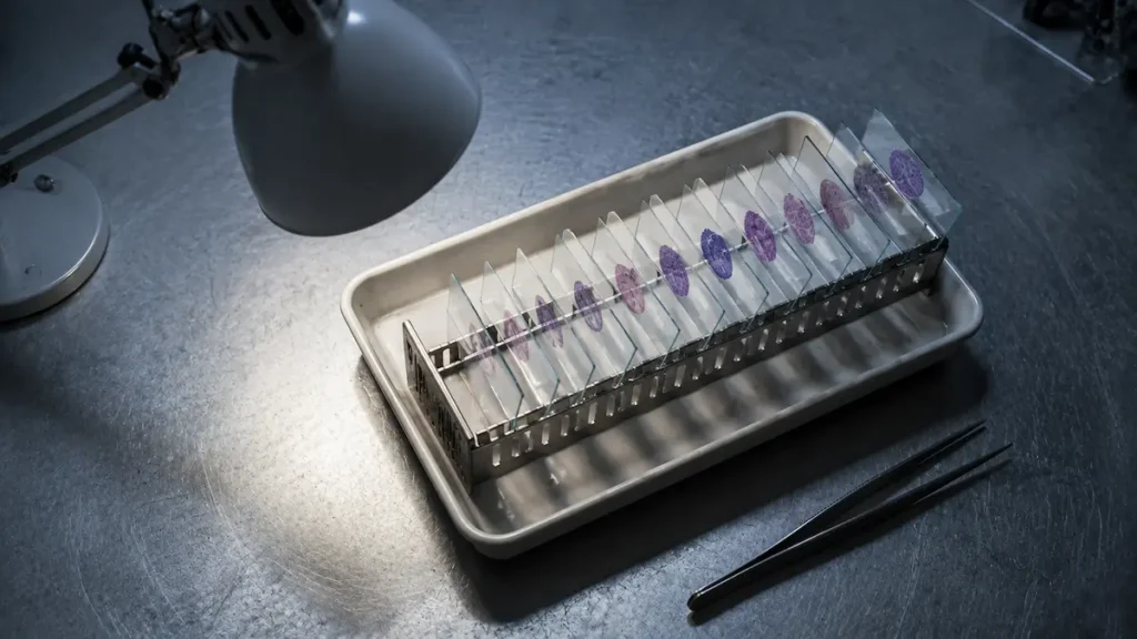 Endoscop flexibil atârnat într-un dulap de uscare, de tipul folosit pentru subsetul endoscopic din această cohortă.