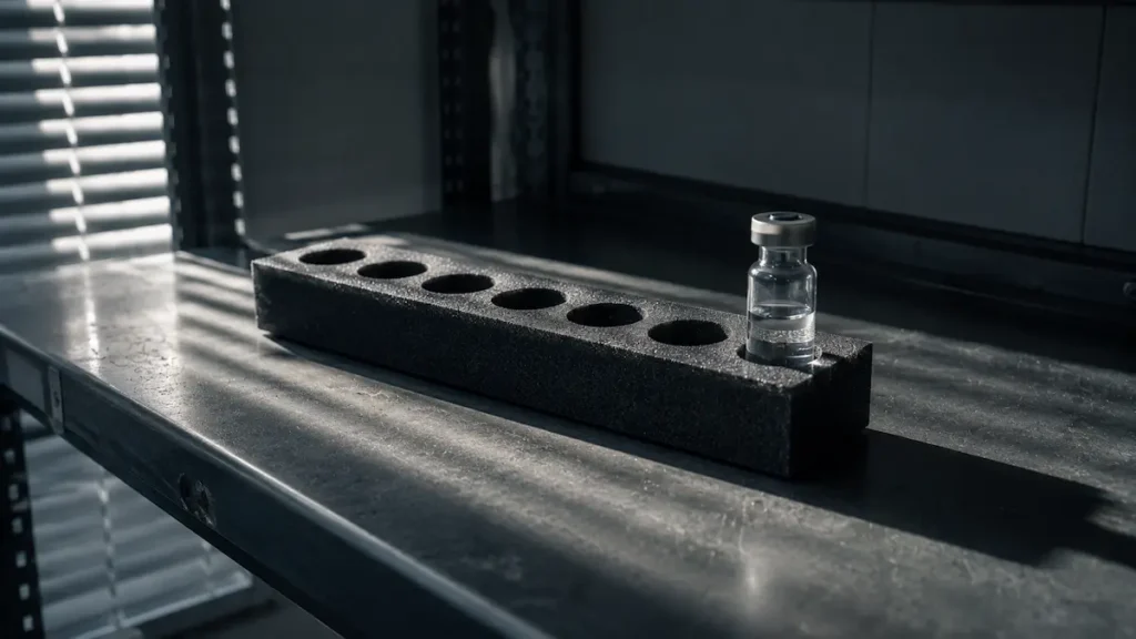 Suport de flacoane cu șapte locașuri și un singur flacon în el, pentru cele șapte peptide și dovezile subțiri din recenzia BPC-157.