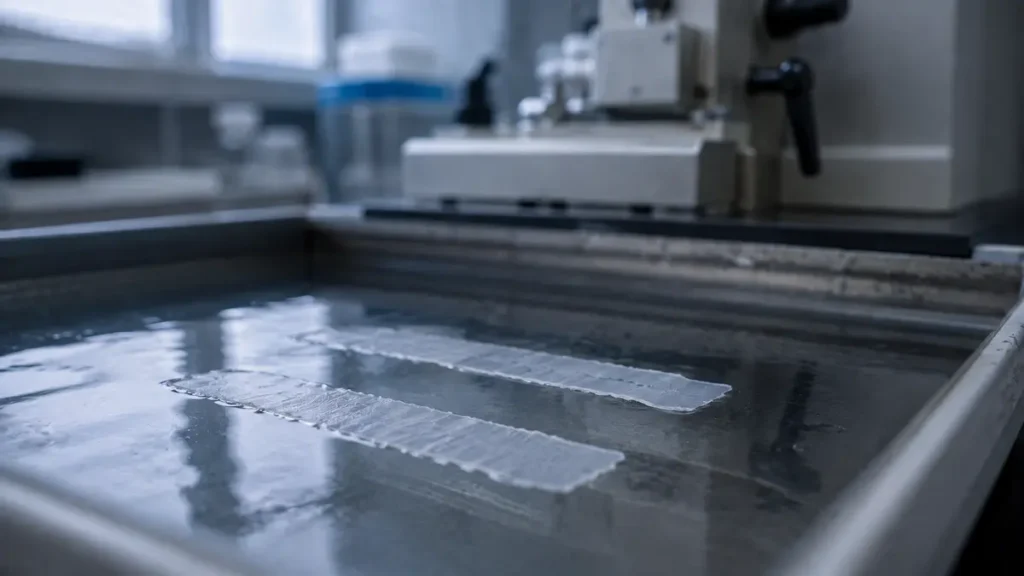 Two ribbon sections cut from one paraffin block floating on a water bath, the paired biopsy readouts behind this semaglutide subgroup analysis.