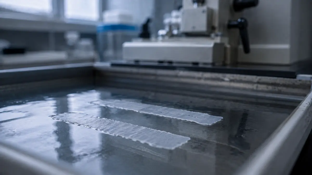 Two ribbon sections cut from one paraffin block floating on a water bath, the paired biopsy readouts behind this semaglutide subgroup analysis.