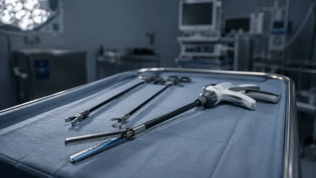 Stapler laparoscopic pe un cărucior steril într-o sală de operație în pregătire, pentru brațul chirurgical al comparației cu semaglutide.
