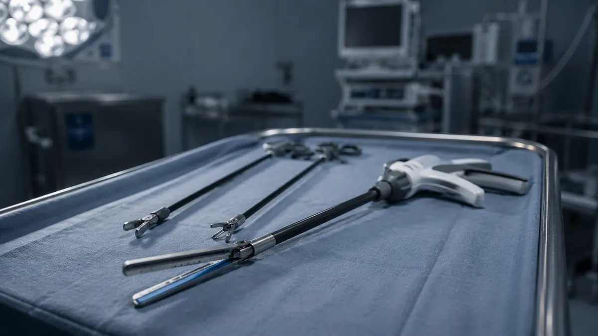 Stapler laparoscopic pe un cărucior steril într-o sală de operație în pregătire, pentru brațul chirurgical al comparației cu semaglutide.