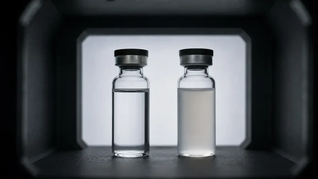 Două flacoane iluminate din spate la un post de inspecție, unul limpede și unul tulbure, capătul vizibil al unei probleme de stabilitatea peptidelor.