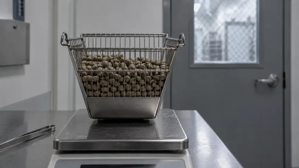 O hrănitoare de cușcă plină cu pelete, așezată pe o balanță de laborator, măsurătoarea pe care nanopurtătorii nu au schimbat-o.