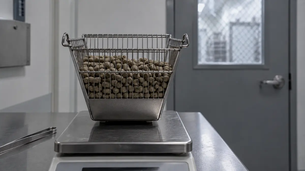 O hrănitoare de cușcă plină cu pelete, așezată pe o balanță de laborator, măsurătoarea pe care nanopurtătorii nu au schimbat-o.