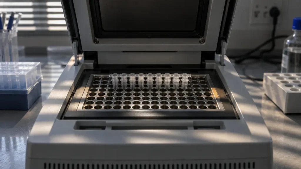 Un termociclator deschis, cu o bandă de tuburi în bloc sub lumină în dungi, confirmarea genetică din spatele acestui caz cu tirzepatide.