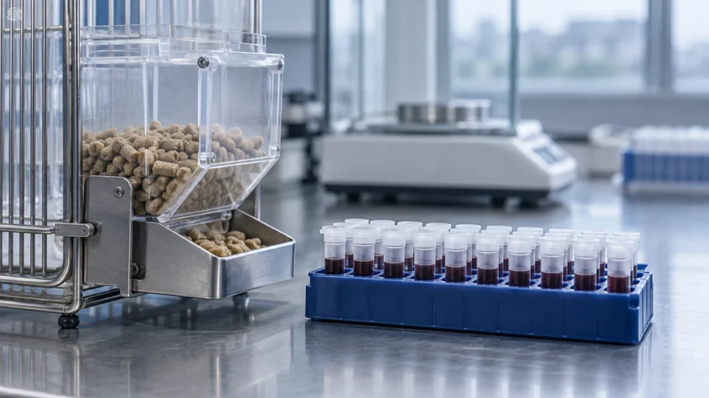 Retatrutide reprezentat prin rafturi pereche cu probe de plasmă lângă un recipient de hrană pentru cușcă metabolică.