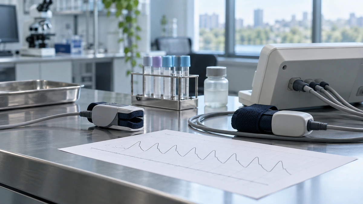 Semaglutide reprezentat printr-o clemă de senzor vascular și două tuburi de biomarkeri fără etichete, pe o tavă de cercetare clinică.