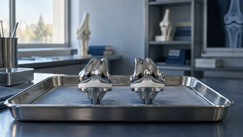 Tirzepatide reprezentat prin două modele identice de implant de genunchi pe o tavă de cercetare clinică.