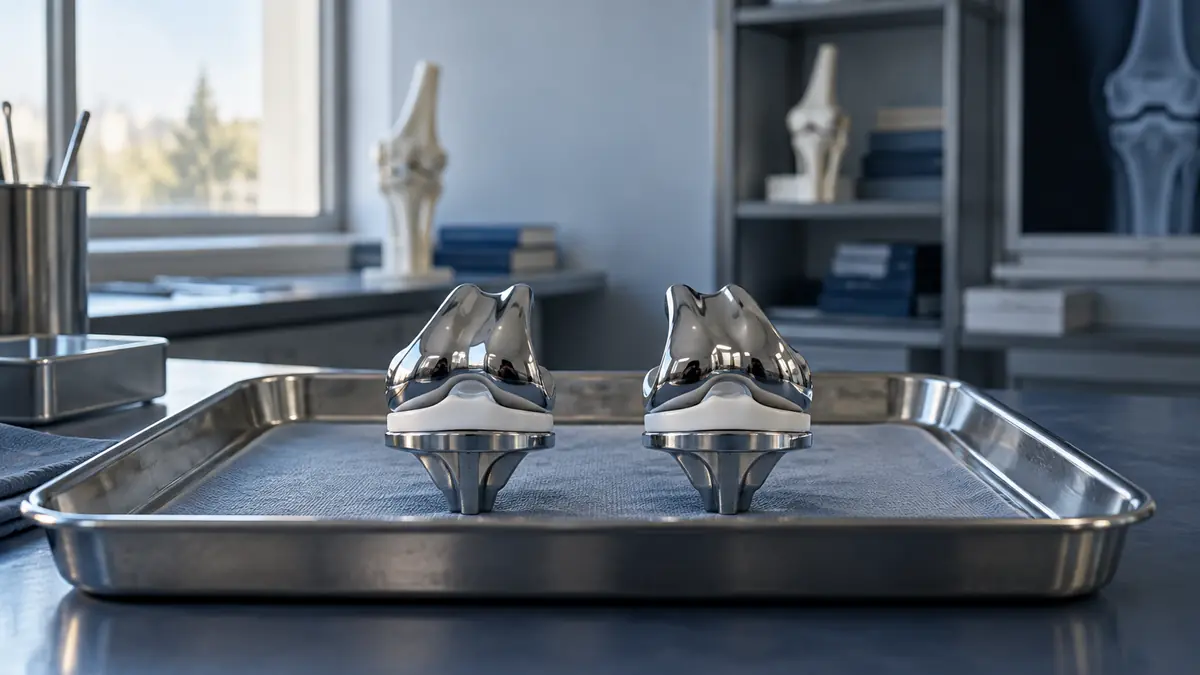 Tirzepatide reprezentat prin două modele identice de implant de genunchi pe o tavă de cercetare clinică.