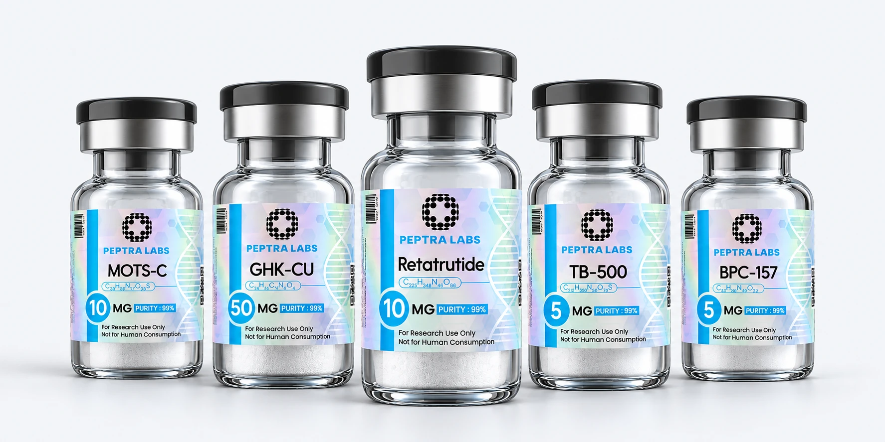 Flacoane de peptide pentru cercetare Peptra Labs Flacoane de peptide pentru cercetare Peptra Labs: Retatrutide, MOTS-c, GHK-Cu, TB-500 și BPC-157