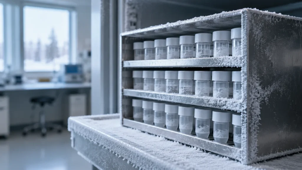 Flacoane de cercetare într-un congelator de laborator