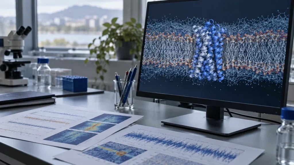 Simulare a unei proteine membranare pe un monitor de laborator
