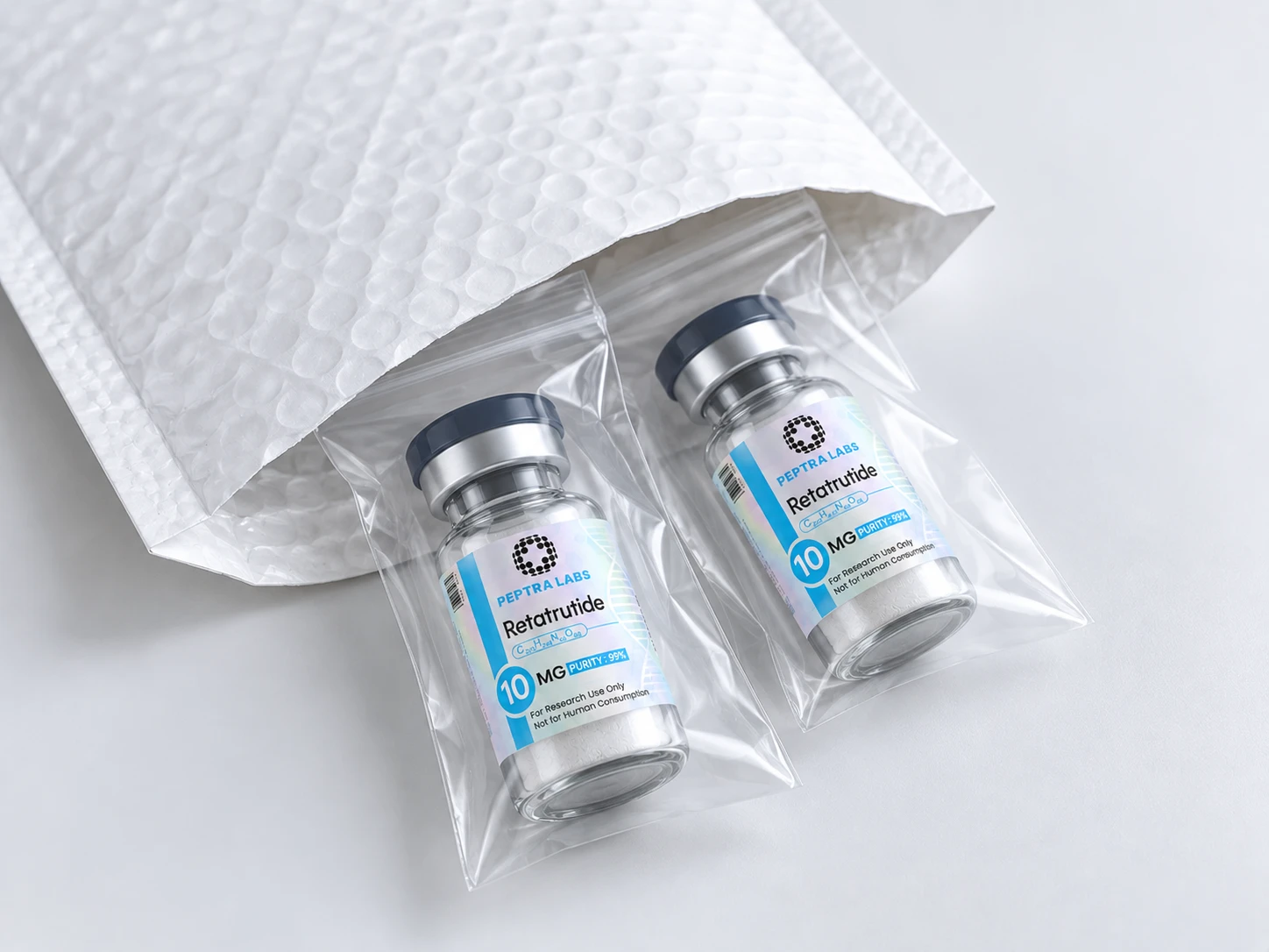 Plic discret cu peptide pentru cercetare Plic căptușit cu flacoane sigilate de peptide, fiecare în pungă transparentă
