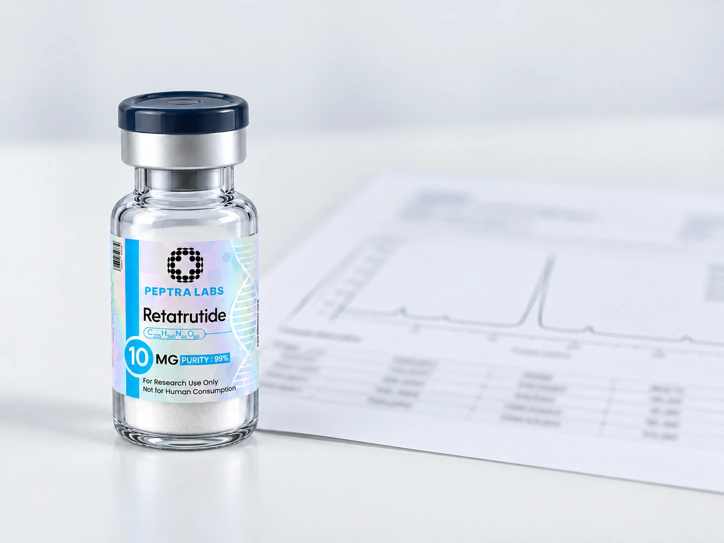 Raport HPLC de puritate pentru peptide de cercetare Flacon de Retatrutide lângă un raport de analiză HPLC