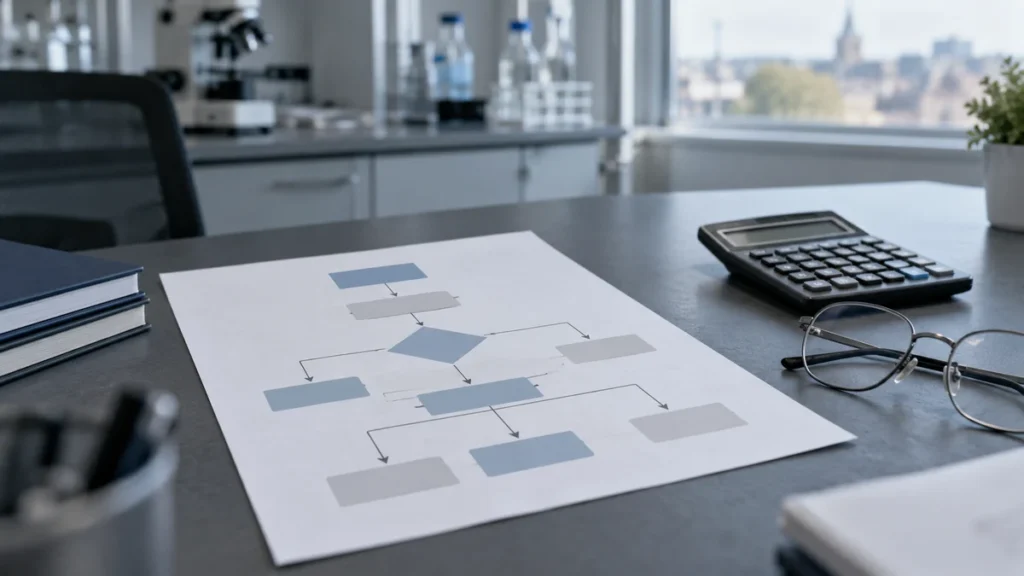 Diagramă a unui studiu clinic pe un birou de laborator